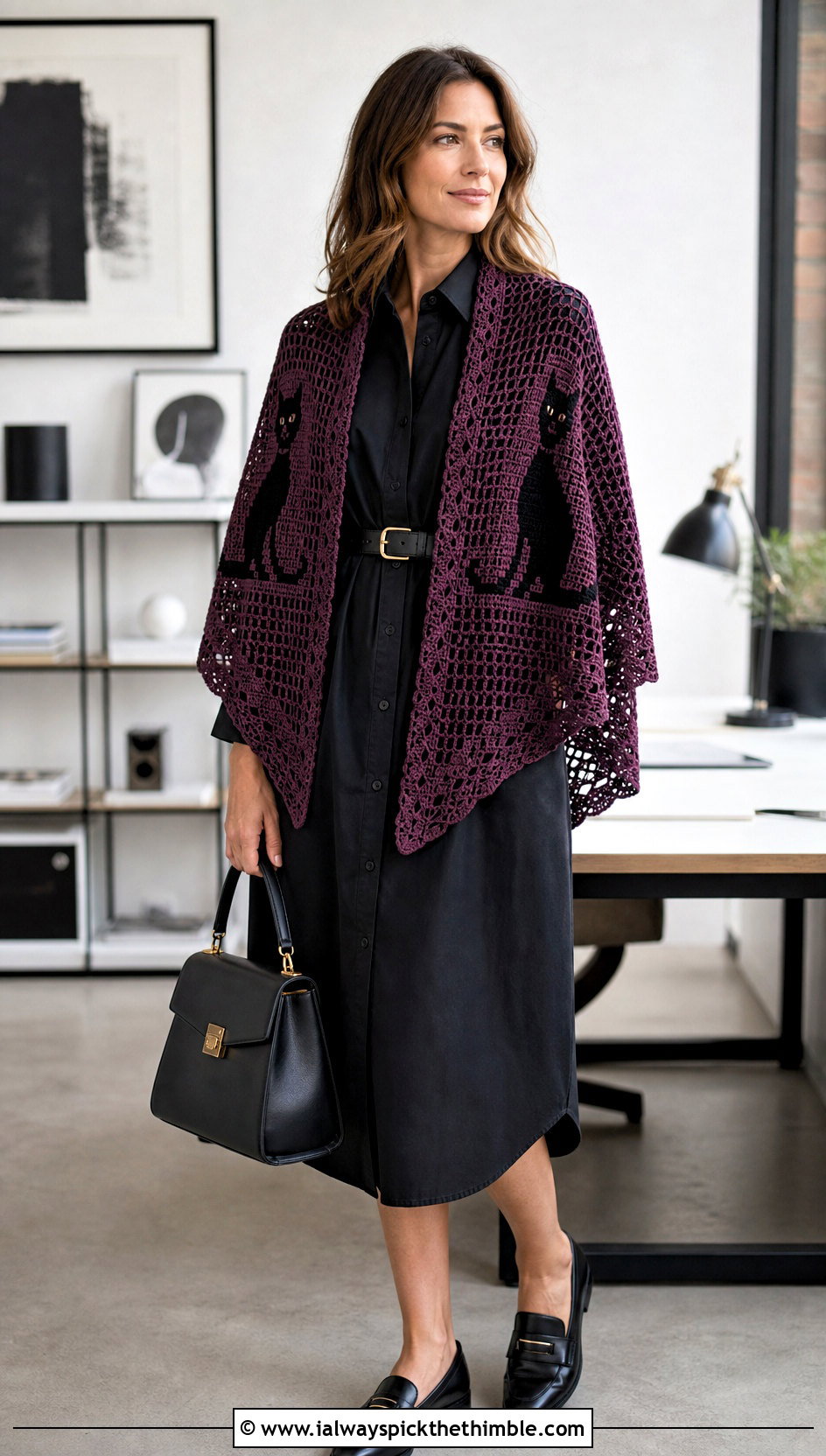 Black Cat Filet Crochet Shawl With Shirt Dress - 20 halloween crochet shawl outfit ideas