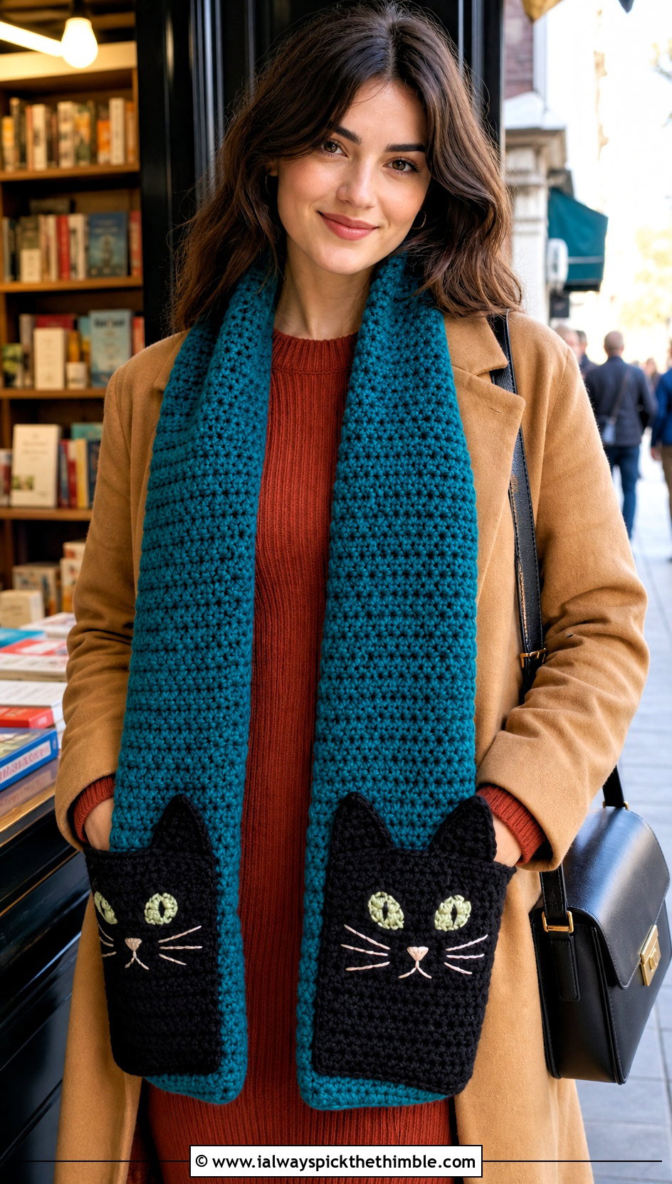 Black Cat Pocket Halloween Scarf With Sweater Dress - 20 crochet halloween scarf outfit ideas