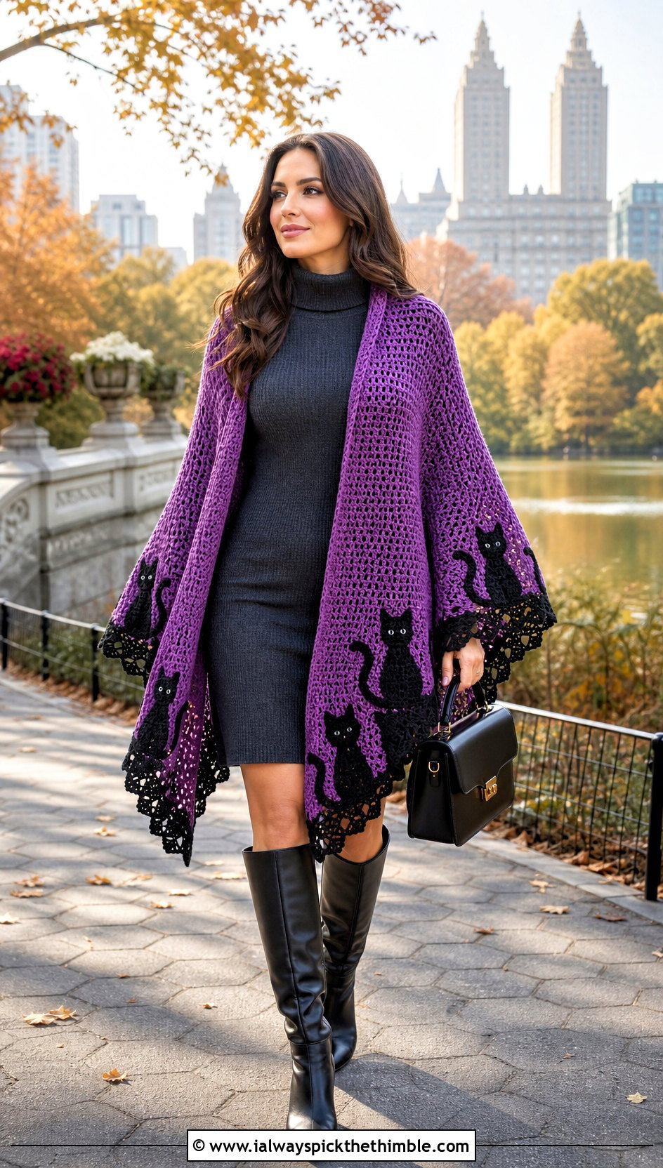 Black Cat Ruana Shawl With Sweater Dress - 20 Crochet Halloween Shawl outfit ideas