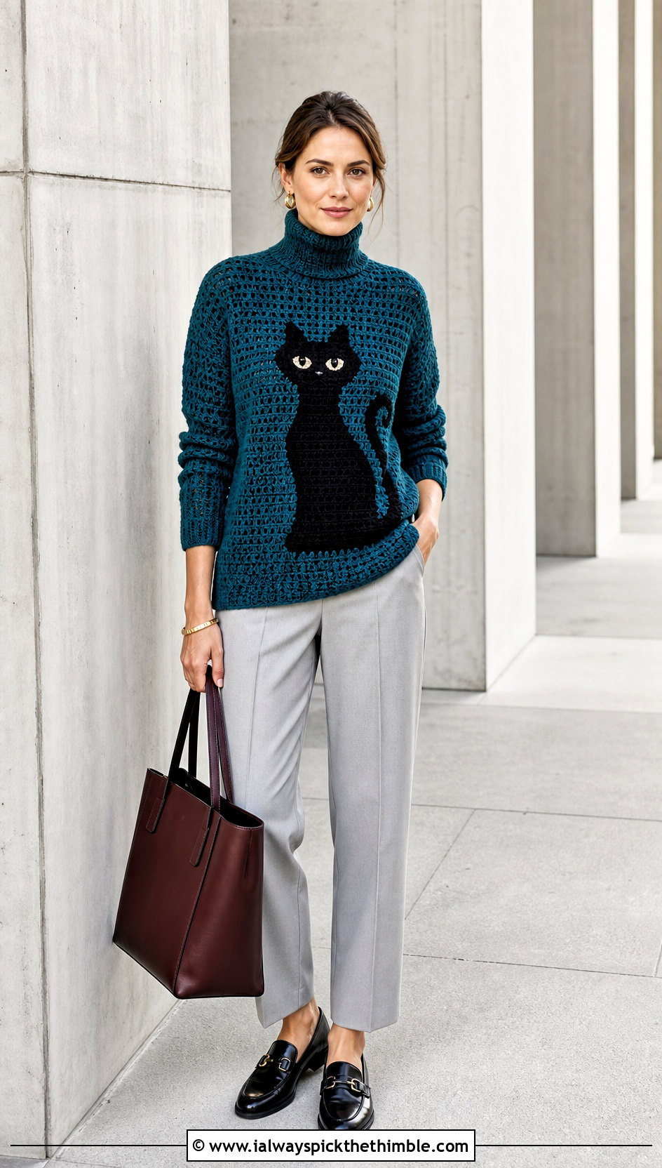 Black Cat Turtleneck Halloween Crochet Jumper With Tailored Pants - 15 Halloween Crochet Jumper outfit ideas