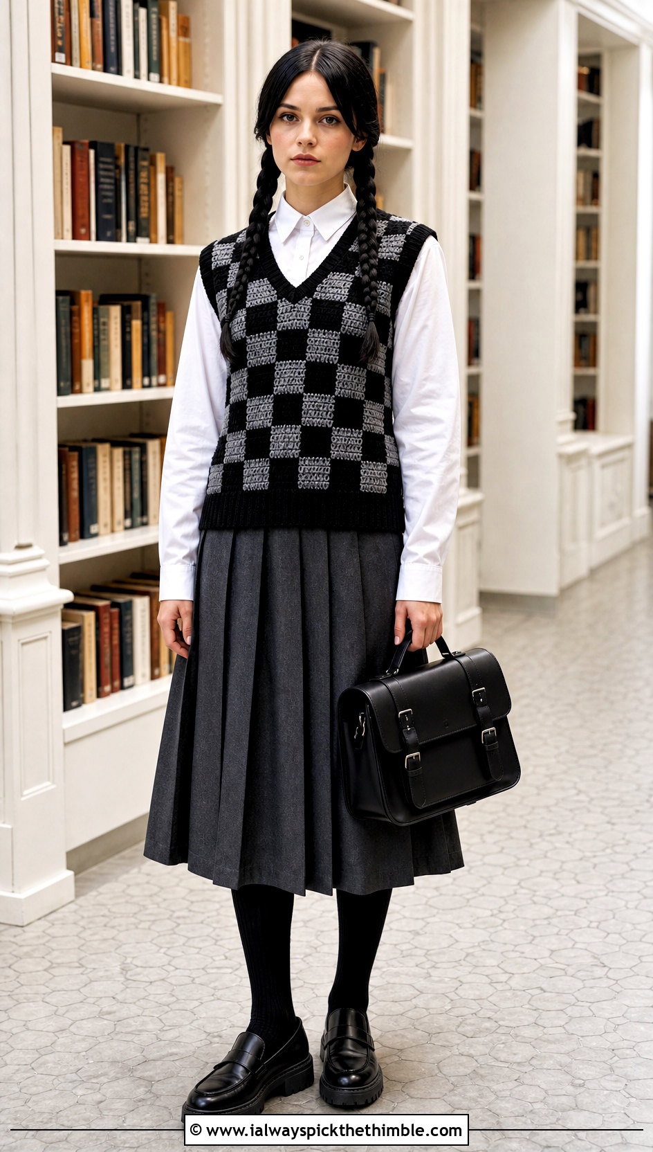 Black Checkerboard Crochet Wednesday Addams Vest With Pleated Skirt - 15 Crochet Wednesday Addams Vest outfit ideas