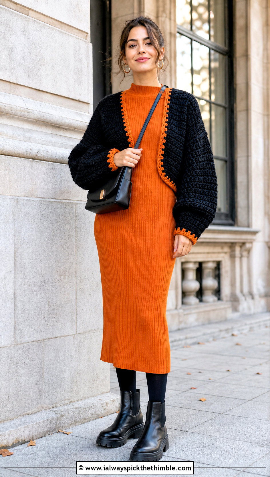 Black Chunky Crochet Bolero With Knit Dress - 20 black crochet bolero outfit ideas