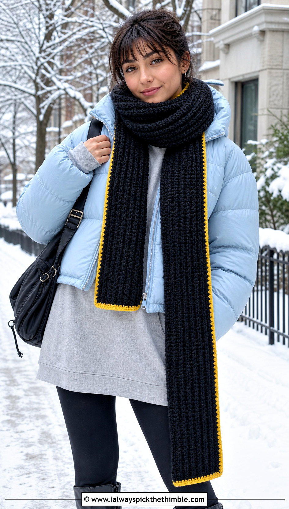 Black Chunky Ribbed Crochet Scarf With Puffer Jacket And Leggings - 15 Handmade Black Crochet Scarf outfit ideas