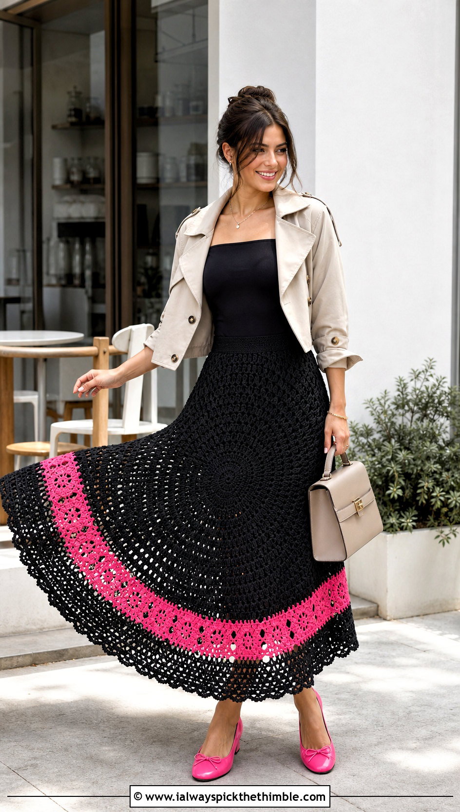 Black Circle Crochet Skirt With Cropped Trench Jacket - 15 Black Crochet Skirt Design outfit ideas