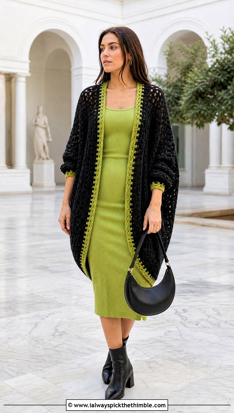 Black Cocoon Crochet Cardigan With Ribbed Midi Dress - 25 black crochet cardigan outfit ideas