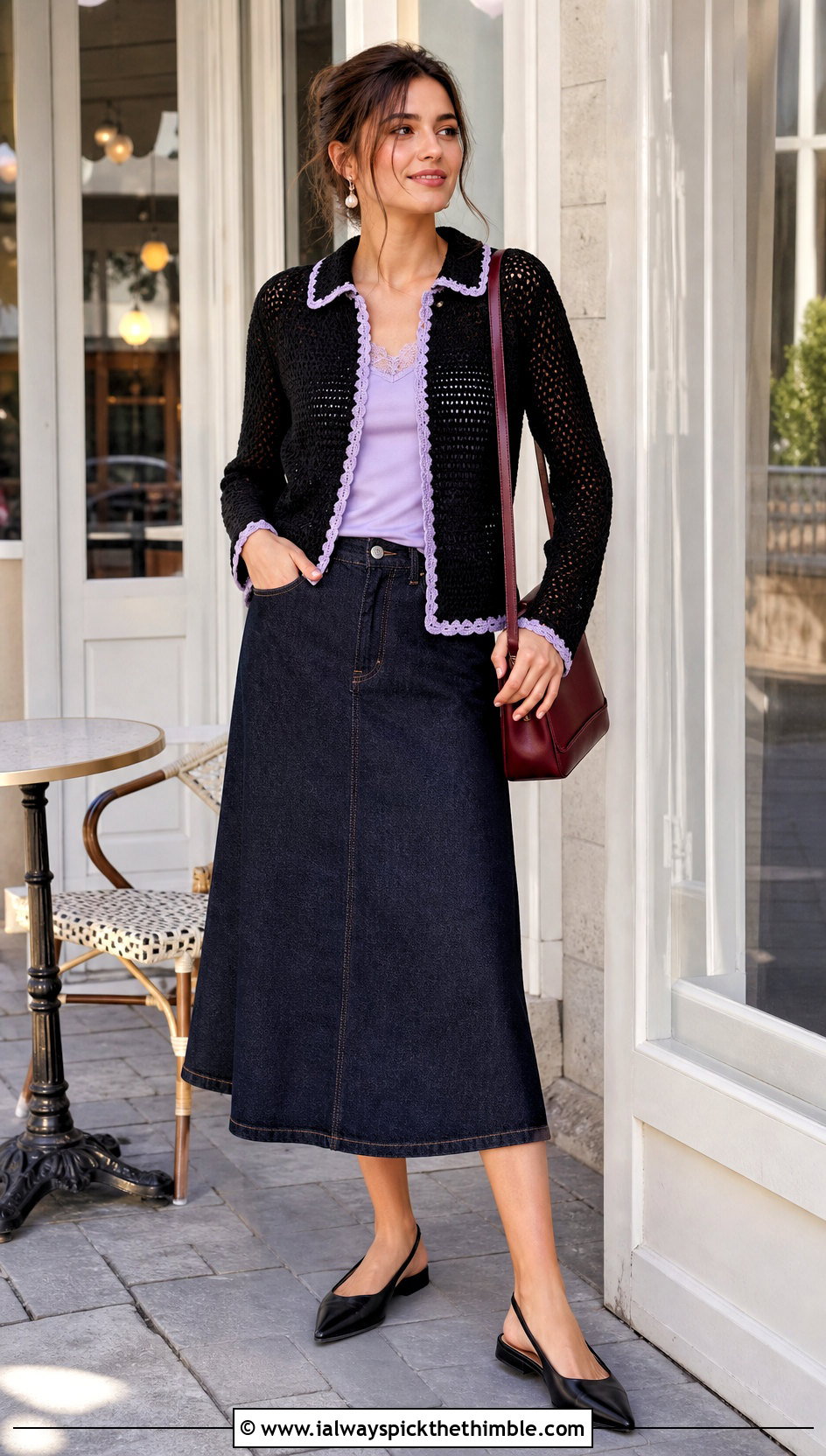 Black Collared Crochet Cardigan With Denim Midi Skirt - 25 black crochet cardigan outfit ideas