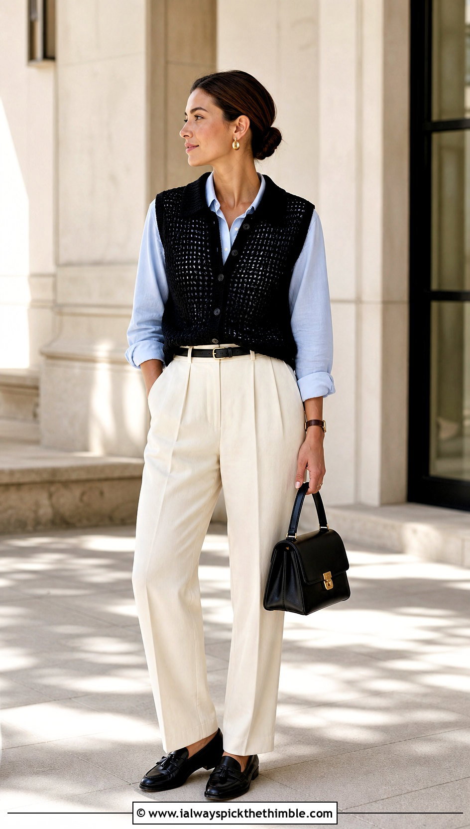 Black Collared Crochet Vest With Pleated Trousers - 15 Black Crochet Summer Vest outfit ideas