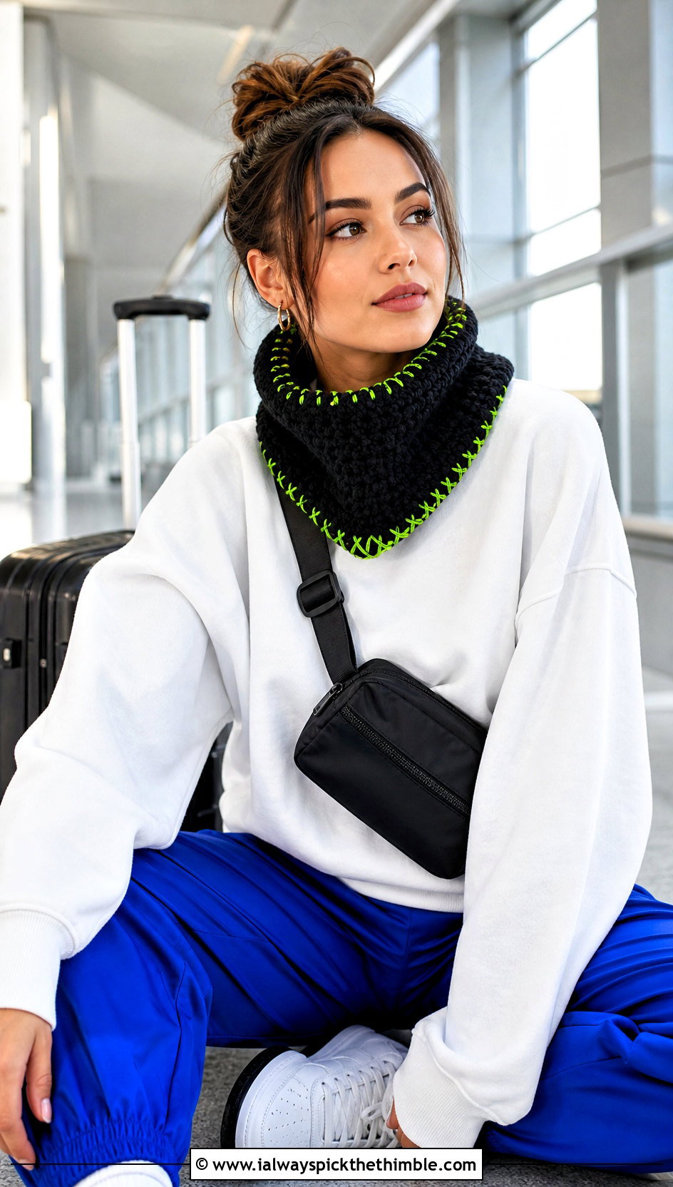 Black Cowl Crochet Scarf With Sweatshirt And Track Pants - 15 Handmade Black Crochet Scarf outfit ideas
