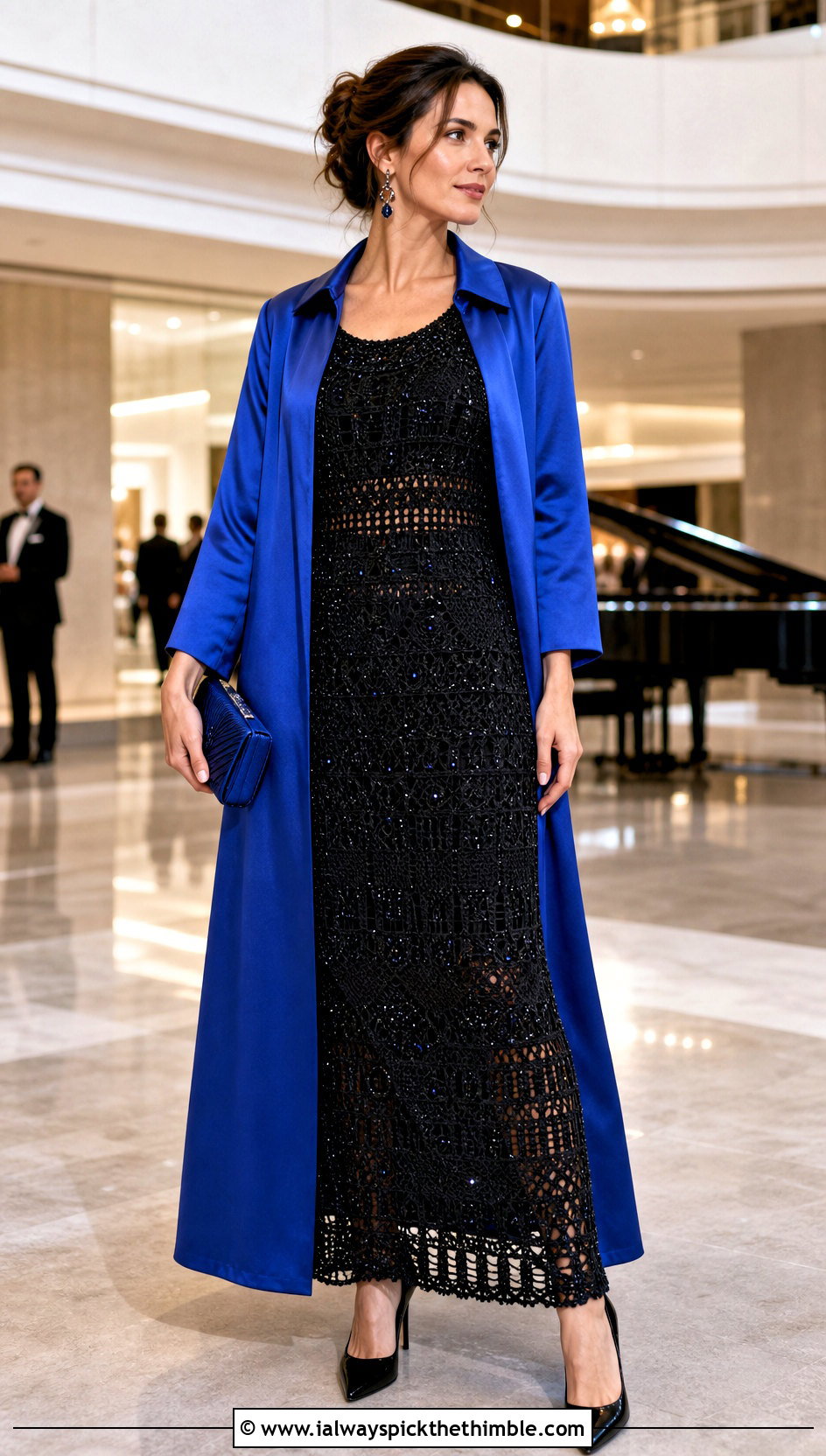 Black Crochet Beaded Dress With Satin Coat - 15 elegant black crochet dress outfit ideas