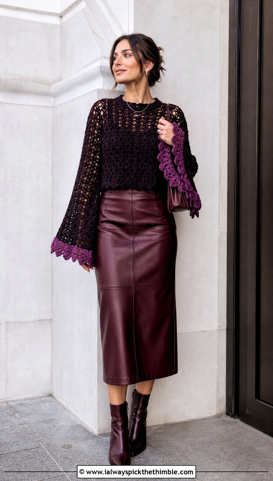 Black Crochet Bell Sleeve Top With Leather Skirt - 25 Crochet Black Top outfit ideas