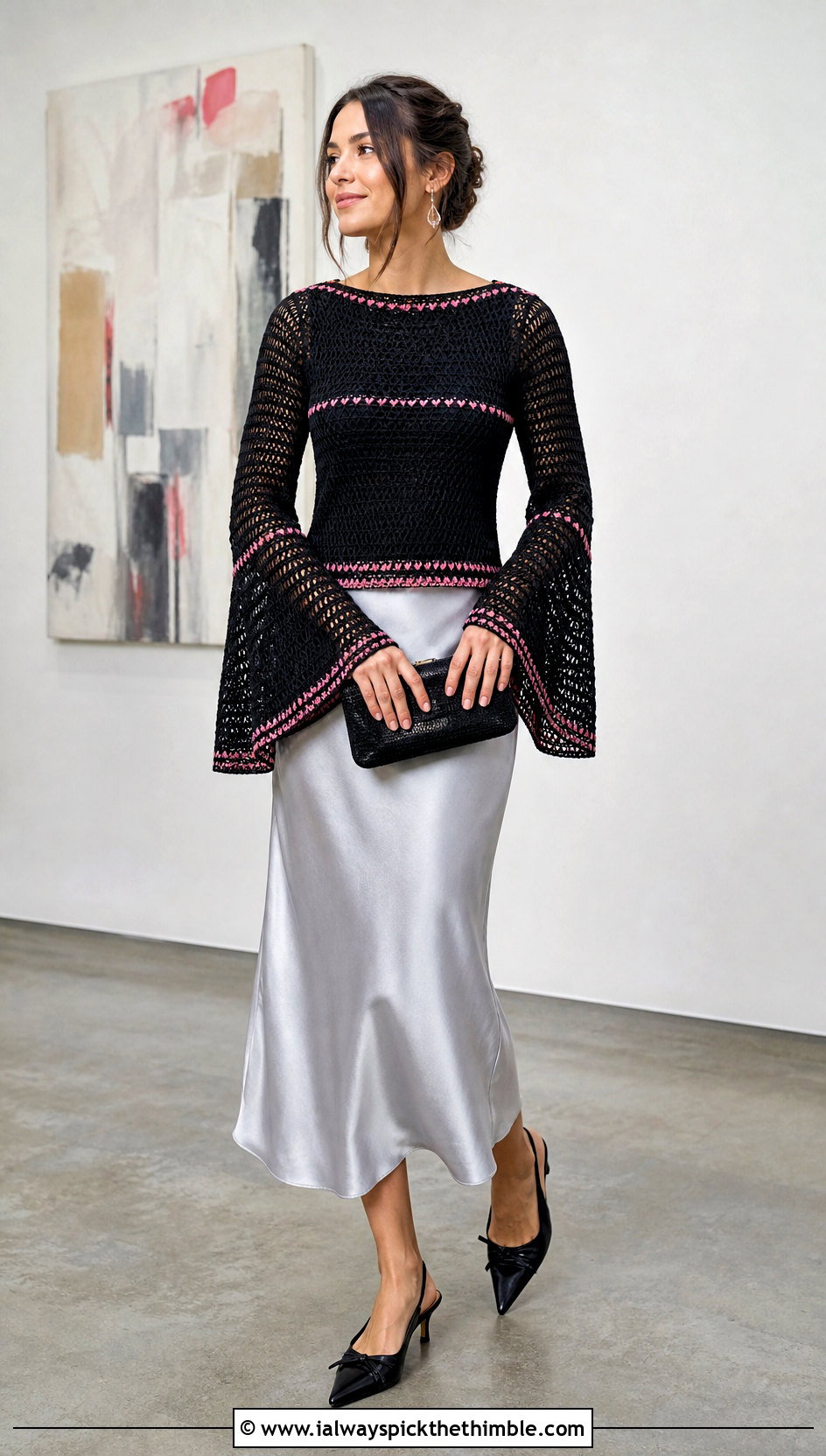 Black Crochet Bell Sleeve Top With Satin Skirt - 20 black crochet clothes and outfit ideas