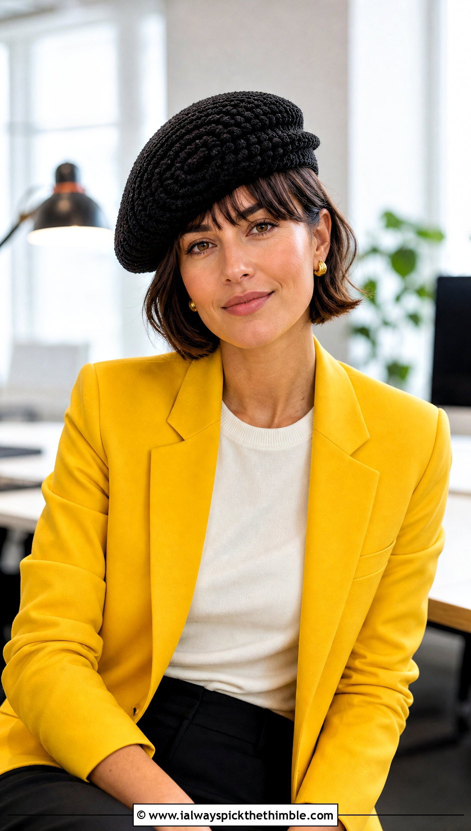 Black Crochet Beret Hat With Blazer And Trousers - 25 Black Crochet Hat outfit ideas