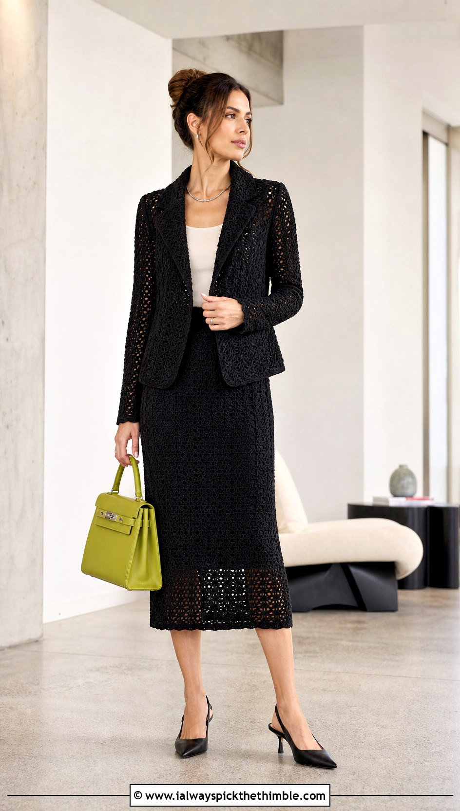 Black Crochet Blazer And Midi Skirt Outfit - 20 Black Crochet Two Piece outfit ideas