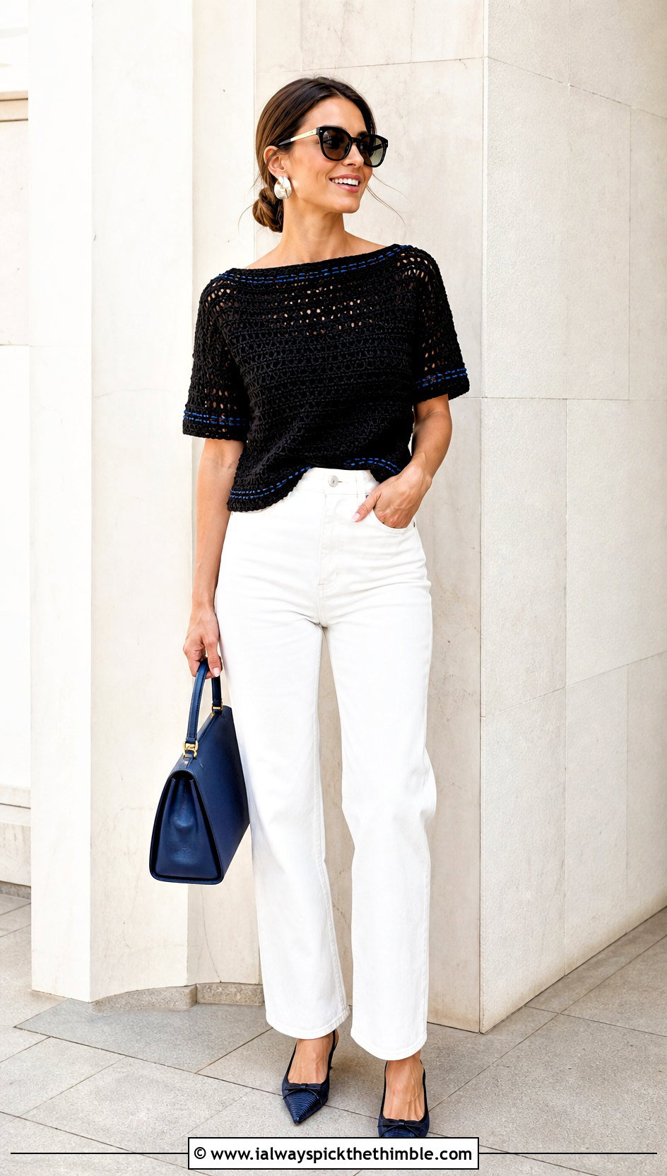 Black Crochet Boat Neck Top With White Jeans - 25 Crochet Black Top outfit ideas