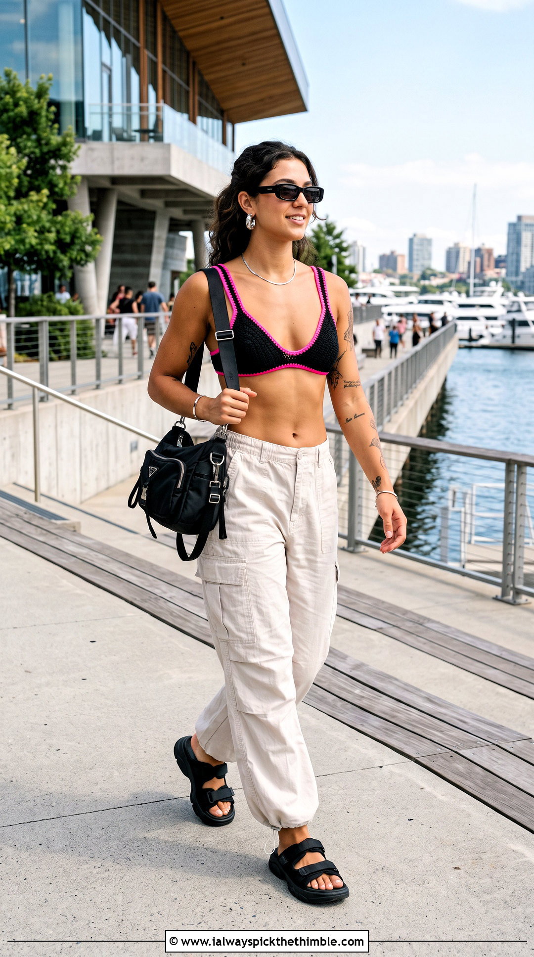 Black Crochet Bralette Bikini With Cargo Pants - 20 Black Crochet Swimsuit outfit ideas