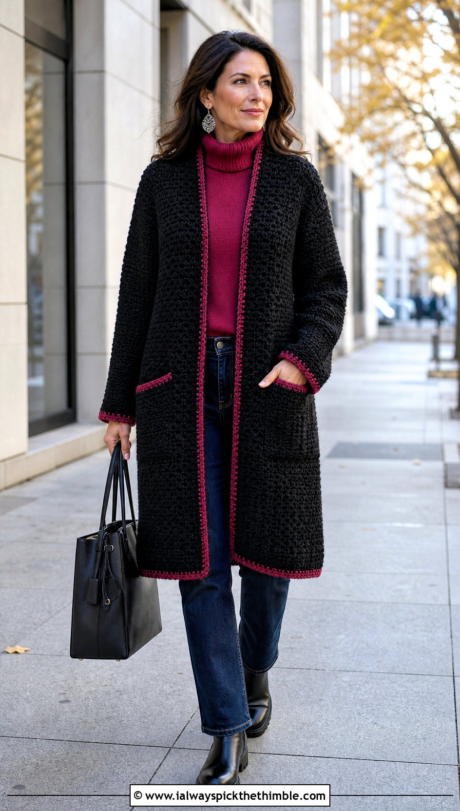 Black Crochet Coatigan With Turtleneck And Jeans - 25 black crochet cardigan outfit ideas