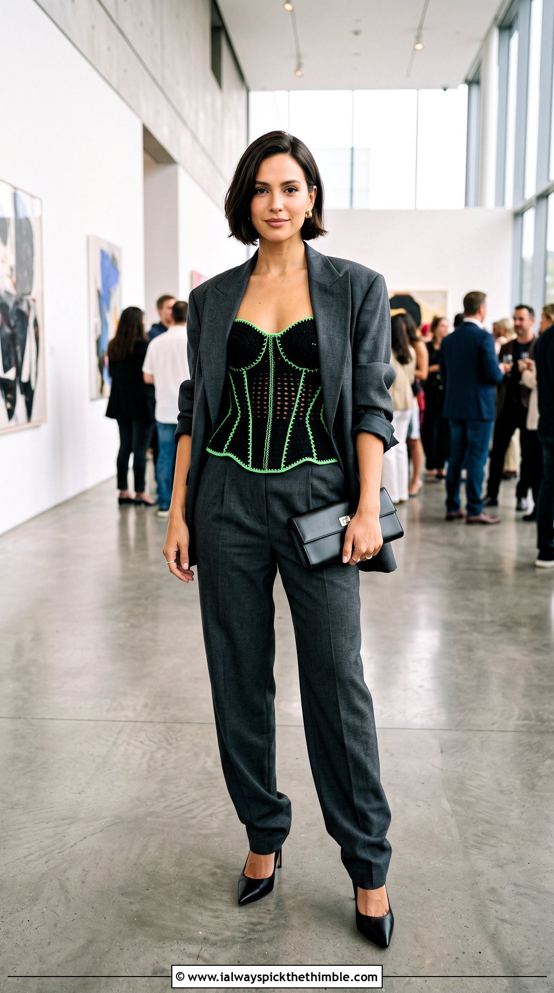 Black Crochet Corset Top With Oversized Suit - 25 Crochet Black Top outfit ideas