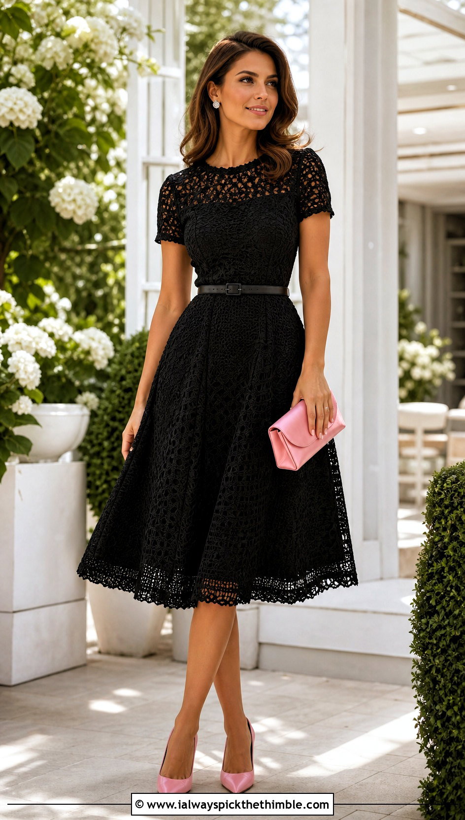 Black Crochet Fit And Flare Dress With Pink Pumps - 15 elegant black crochet dress outfit ideas