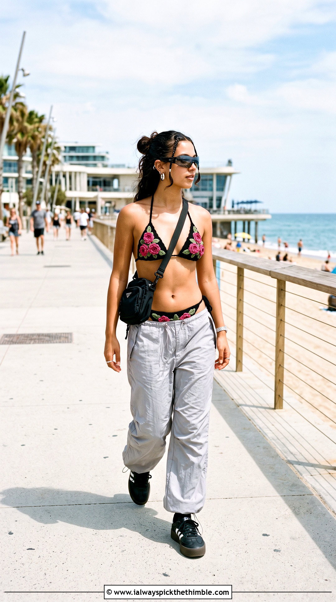 Black Crochet Floral Bikini With Parachute Pants - 20 Black Crochet Swimsuit outfit ideas