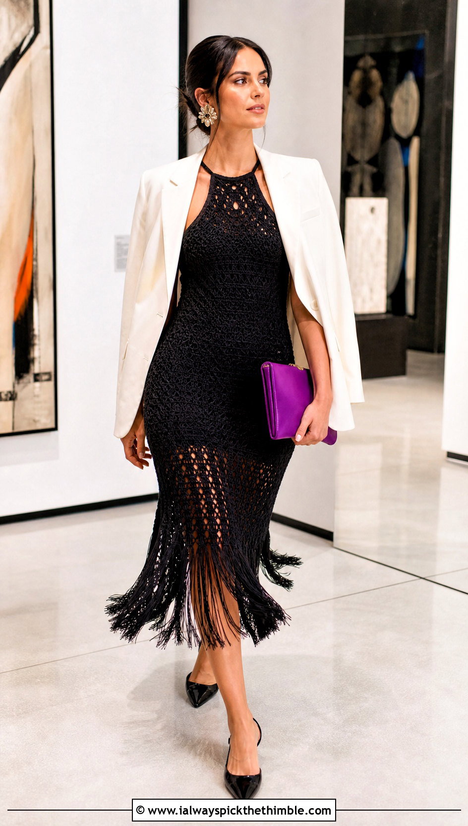 Black Crochet Fringe Dress With Tailored Blazer - 15 elegant black crochet dress outfit ideas