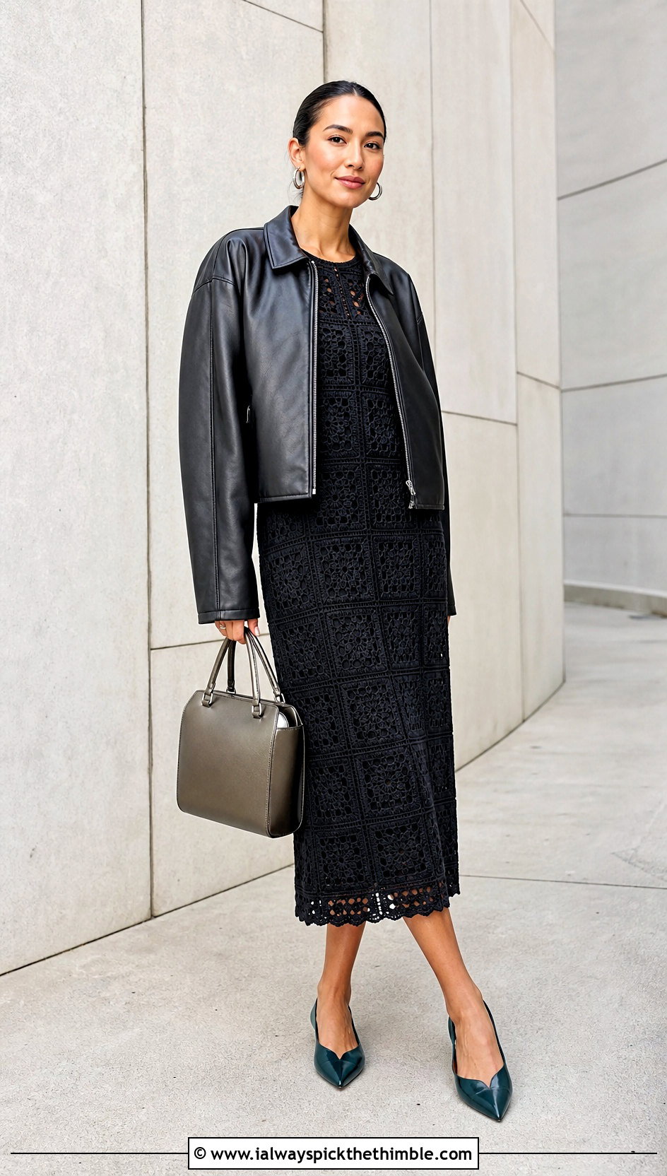 Black Crochet Granny Square Dress With Leather Jacket - 15 elegant black crochet dress outfit ideas