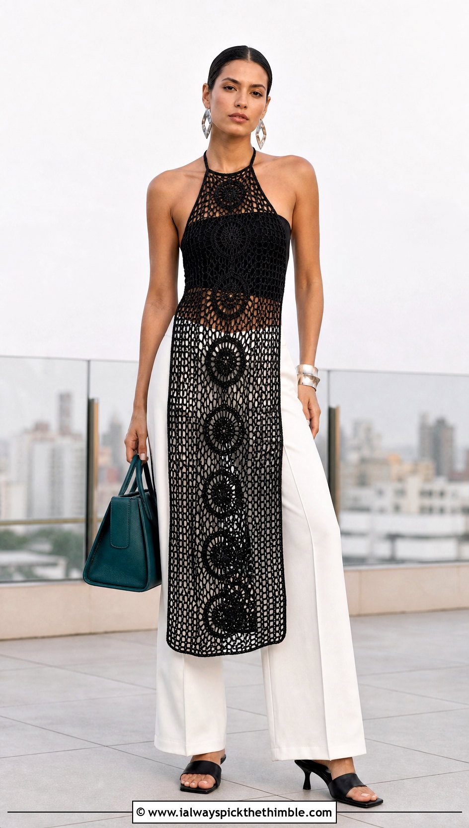 Black Crochet Halter Dress With White Trousers - 15 elegant black crochet dress outfit ideas