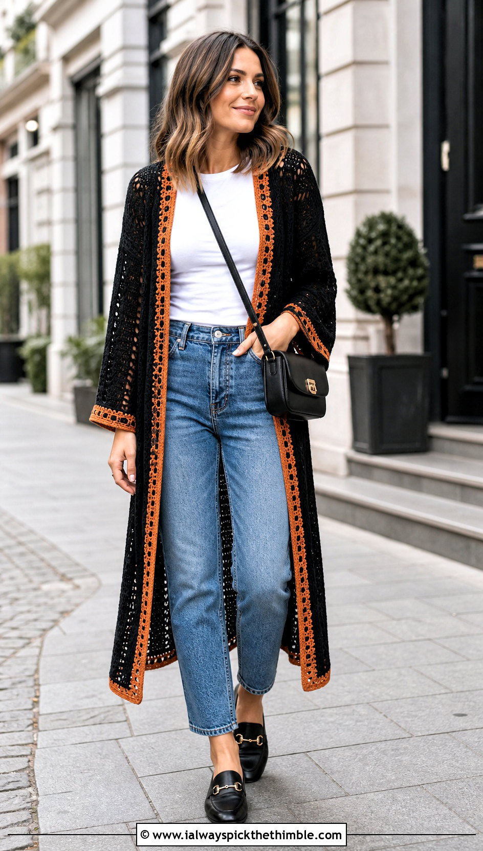 Black Crochet Longline Cardigan With Straight Jeans - 20 black crochet clothes and outfit ideas