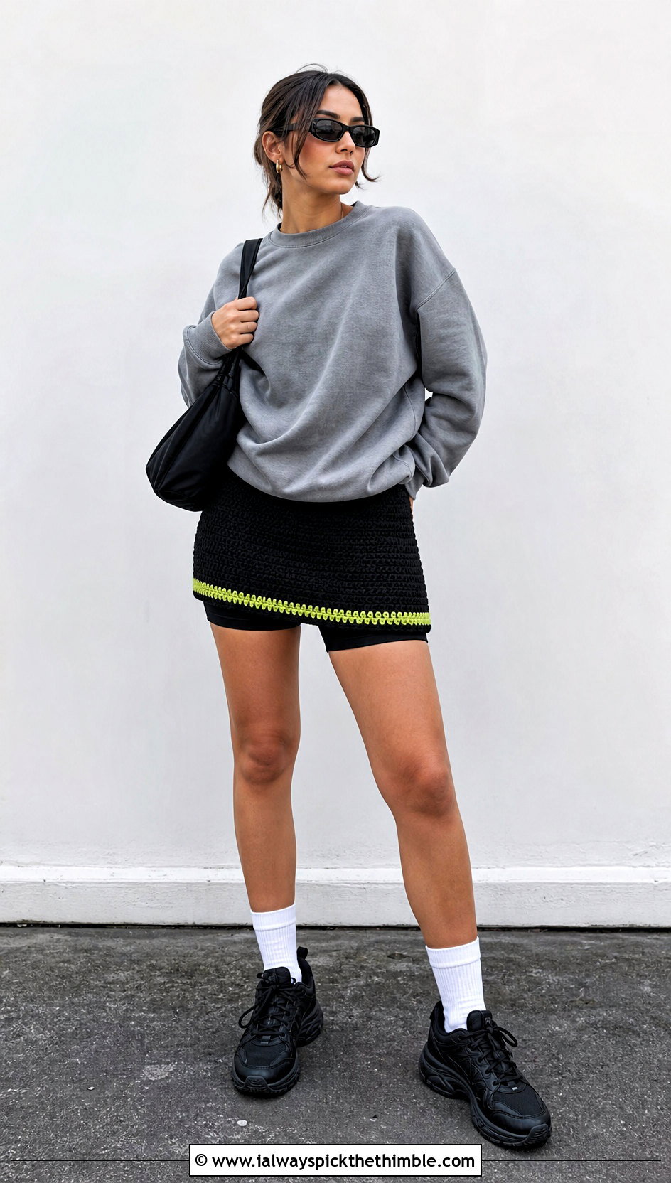 Black Crochet Mini Skirt With Oversized Sweatshirt - 15 Black Crochet Skirt Design outfit ideas