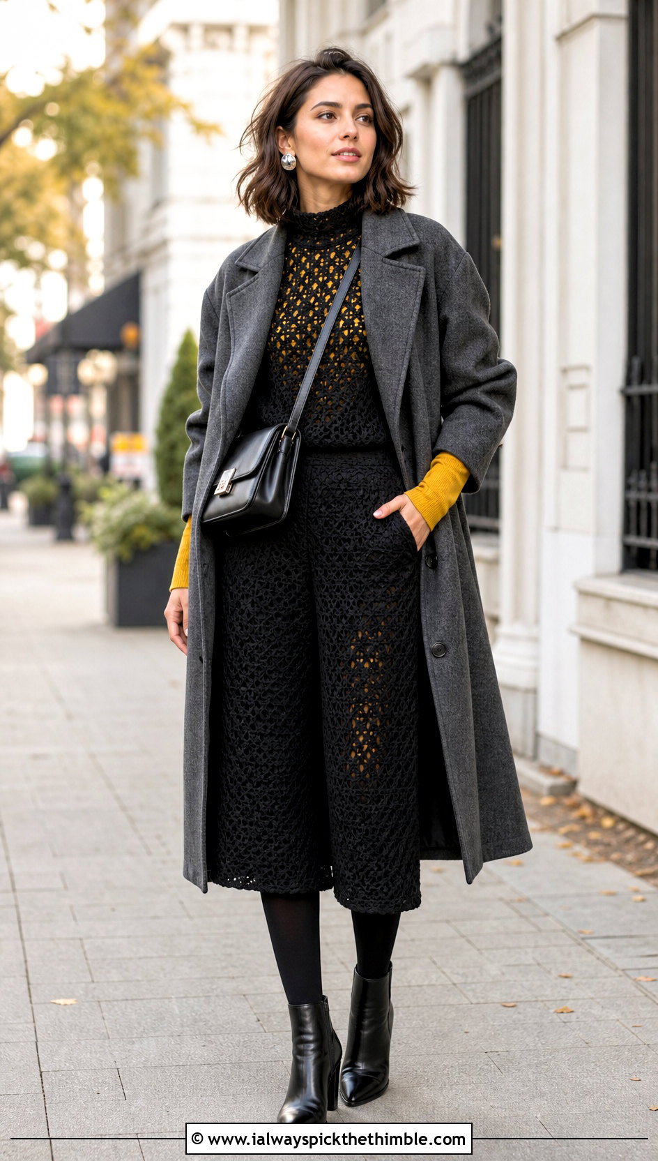 Black Crochet Mock Neck Top And Culottes Outfit - 20 Black Crochet Two Piece outfit ideas