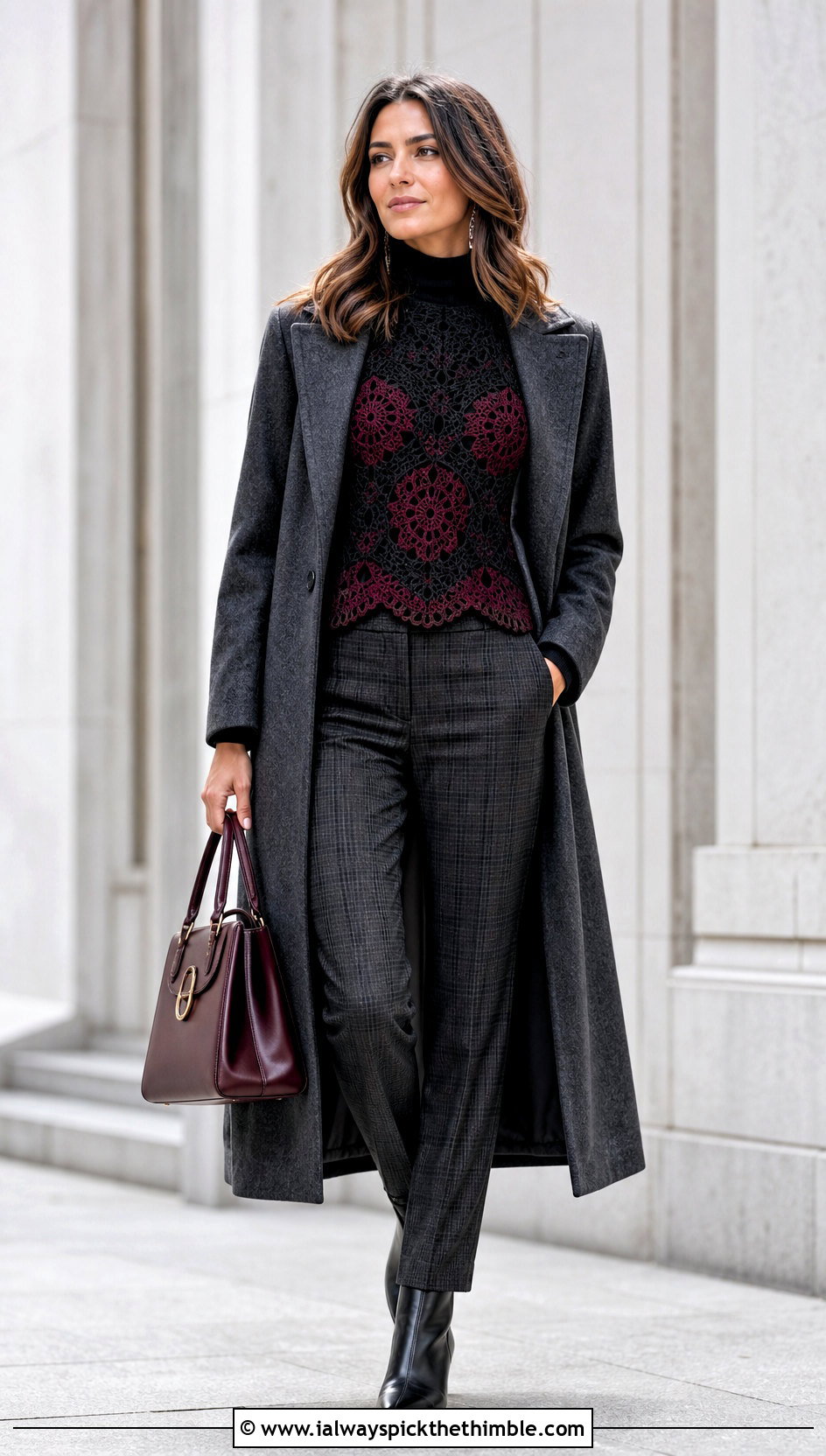 Black Crochet Mock Neck Top With Plaid Trousers - 25 Crochet Black Top outfit ideas