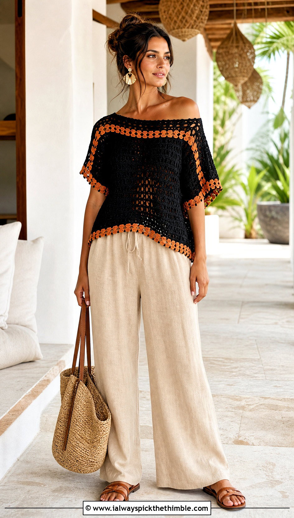 Black Crochet Off Shoulder Top With Linen Pants - 25 Crochet Black Top outfit ideas