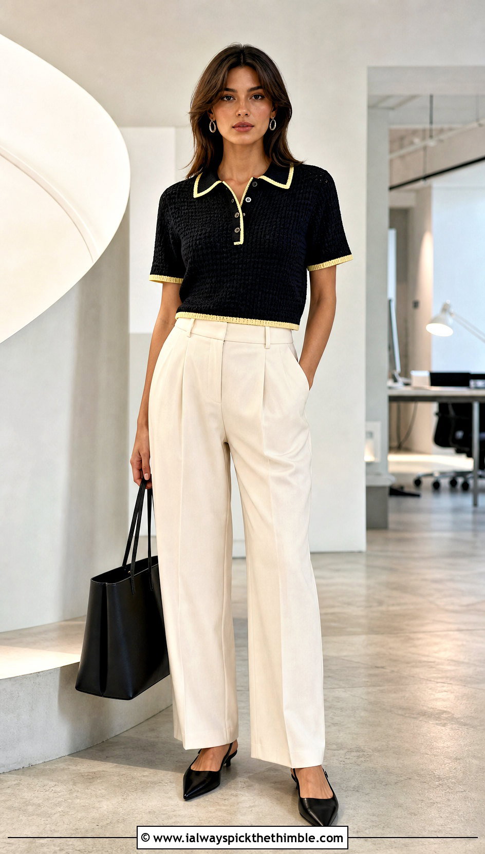 Black Crochet Polo Top With Tailored Trousers - 20 black crochet clothes and outfit ideas