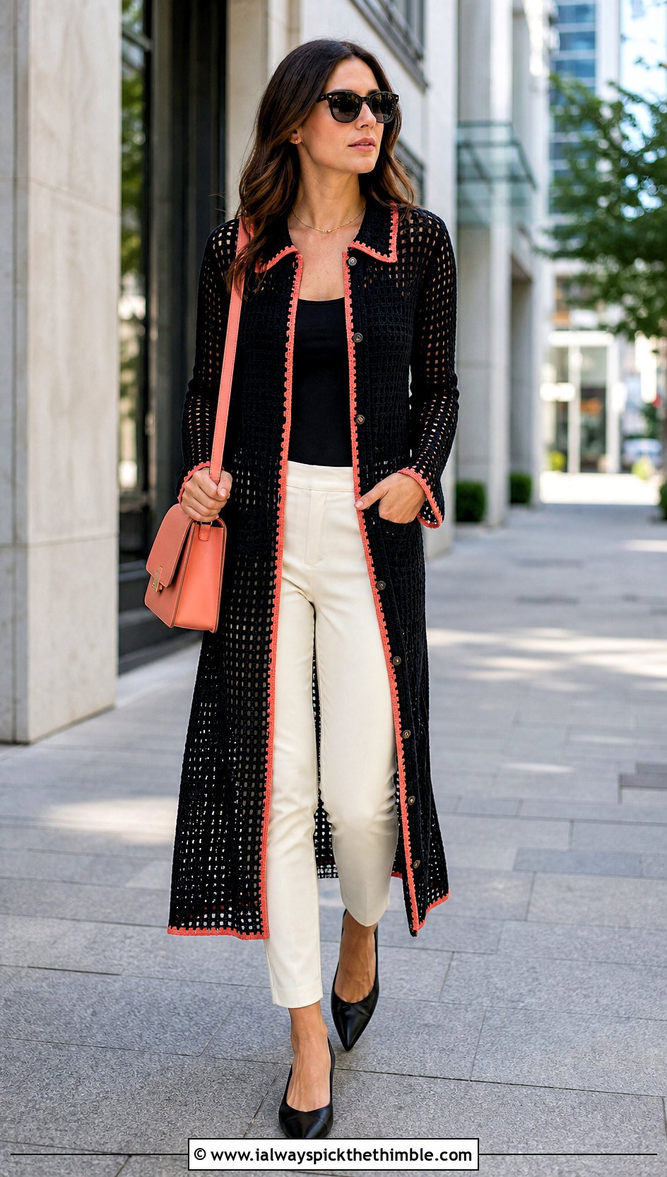 Black Crochet Shirt Dress With Slim Trousers - 20 black crochet clothes and outfit ideas
