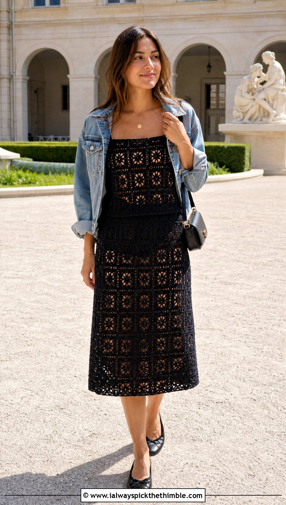 Black Crochet Square Neck Top And A Line Skirt Outfit - 20 Black Crochet Two Piece outfit ideas