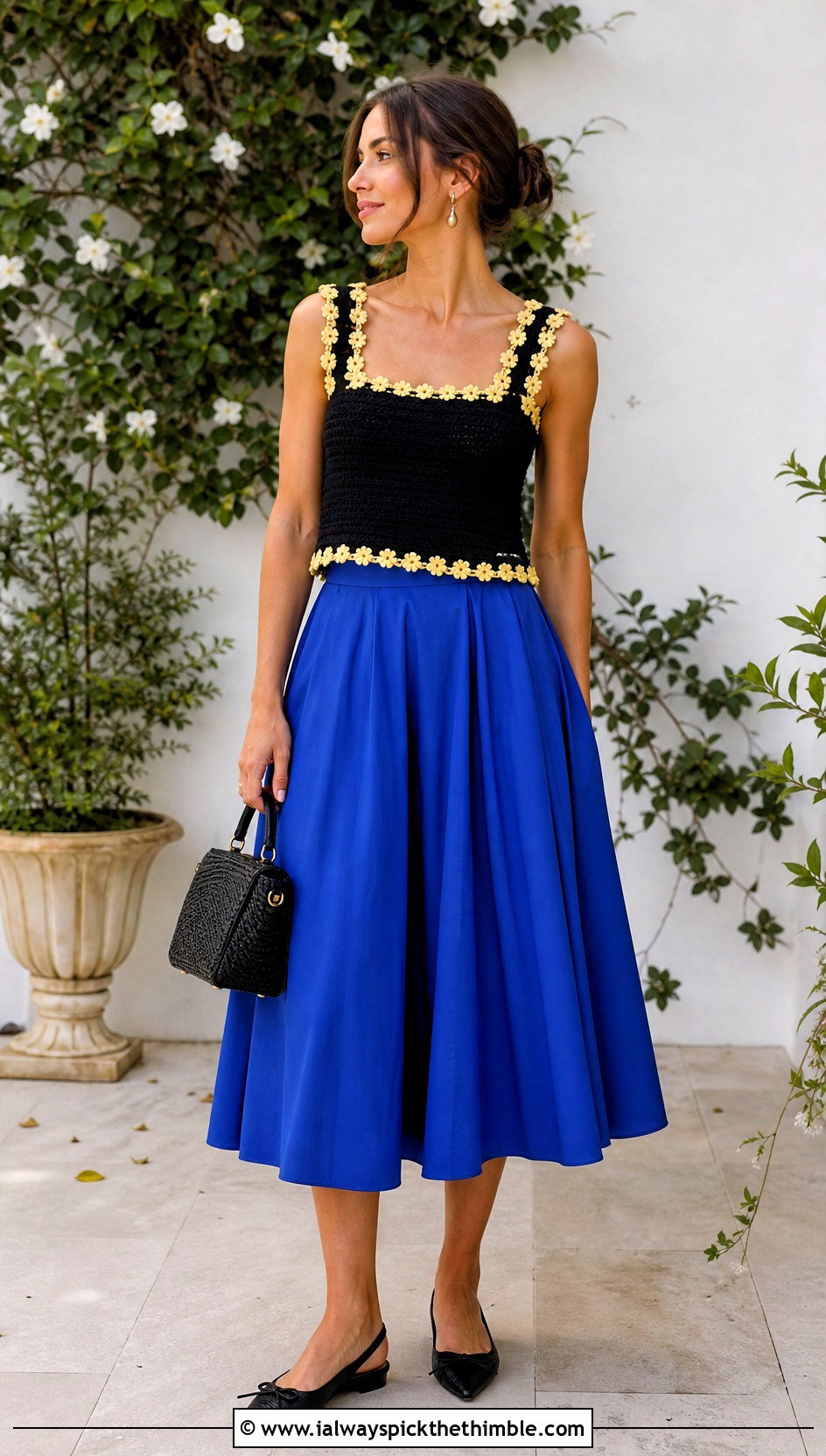 Black Crochet Square Neck Top With Midi Skirt - 25 Crochet Black Top outfit ideas