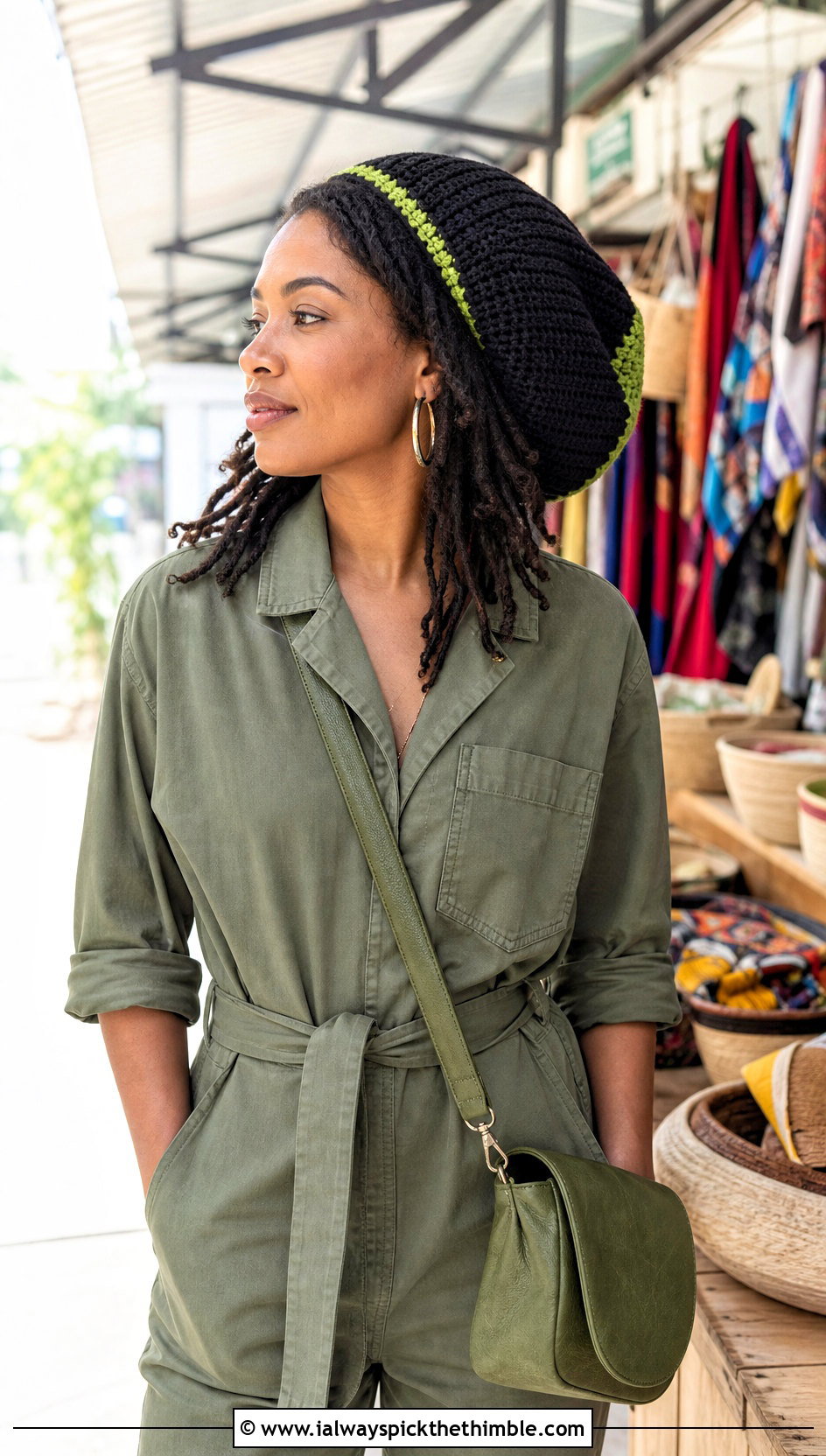 Black Crochet Tam Hat With Utility Jumpsuit - 25 Black Crochet Hat outfit ideas