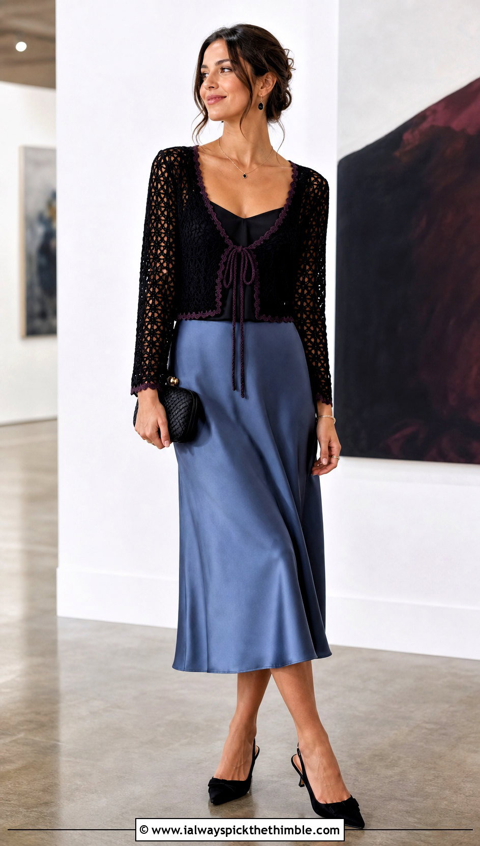 Black Crochet Tie Front Top With Slip Skirt - 25 Crochet Black Top outfit ideas