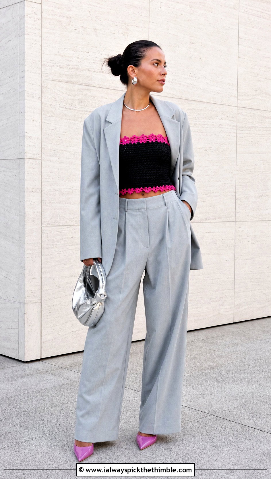 Black Crochet Tube Top With Oversized Blazer - 25 black crochet top outfit ideas