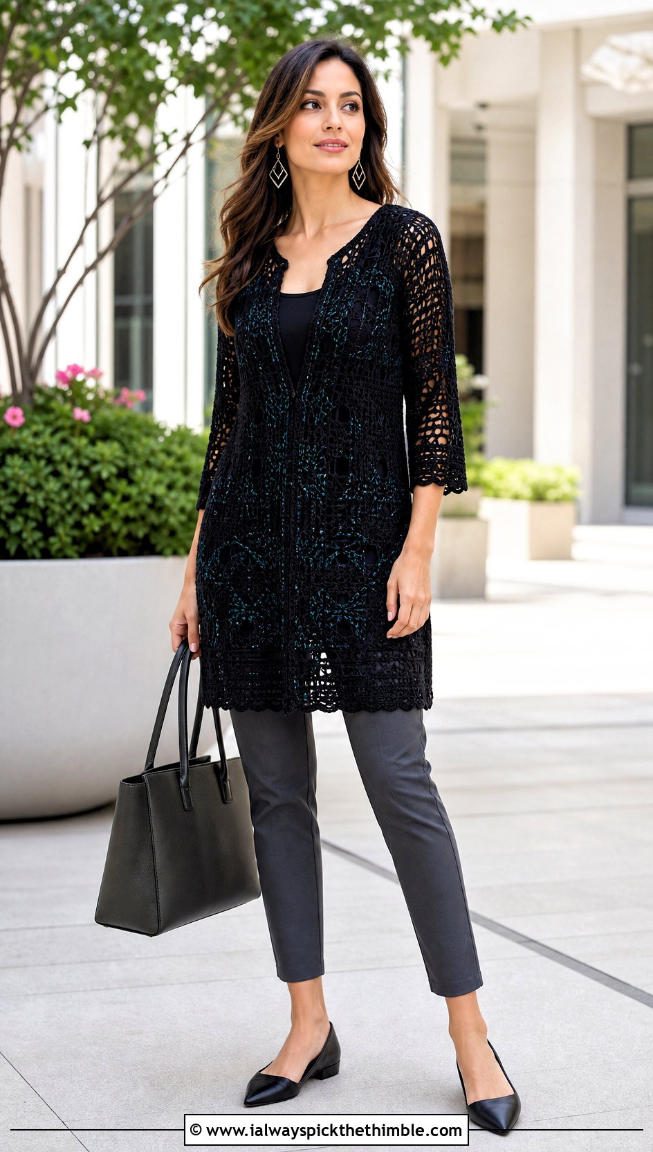 Black Crochet Tunic Top With Slim Pants - 25 Crochet Black Top outfit ideas
