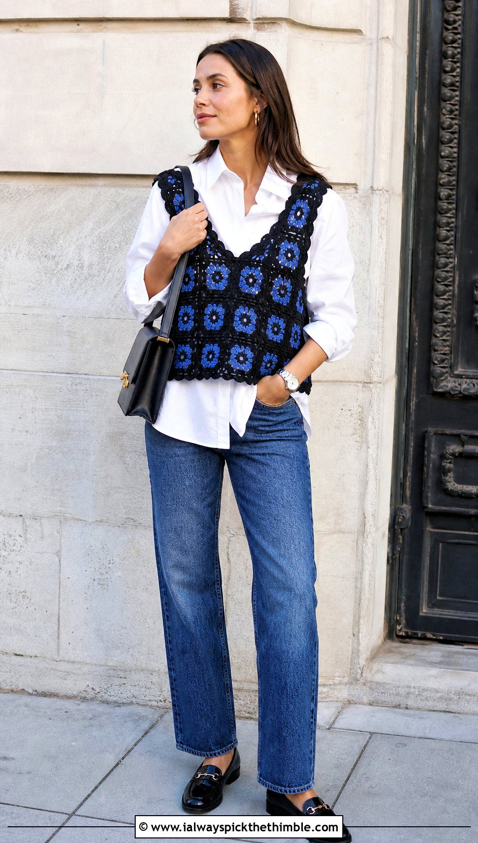 Black Crochet Vest Top With Poplin Shirt And Jeans - 25 Crochet Black Top outfit ideas
