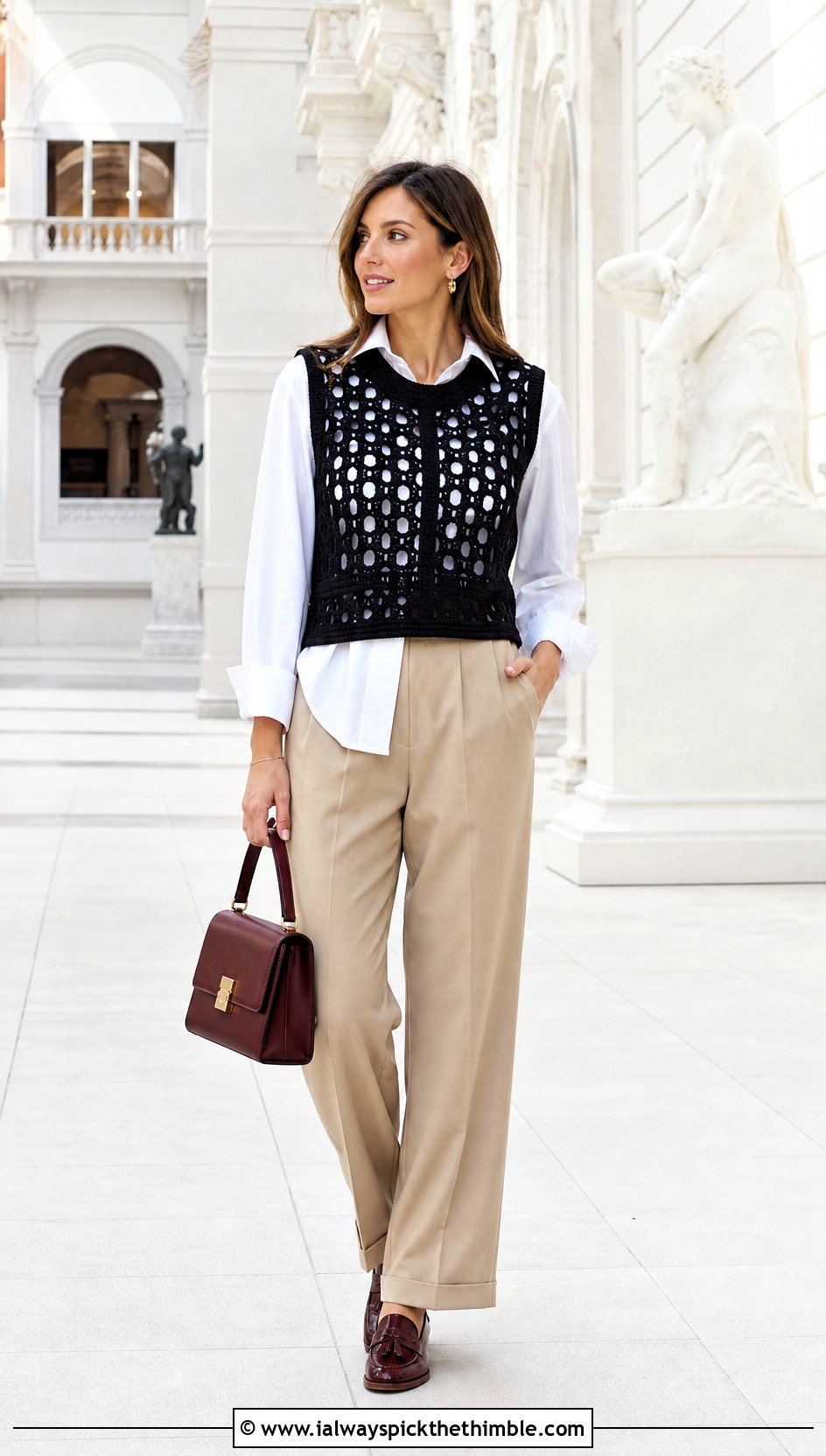 Black Crochet Vest Top With White Shirt And Trousers - 25 black crochet top outfit ideas