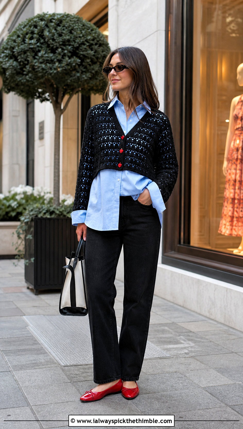 Black Cropped Crochet Cardigan Bolero With Poplin Shirt - 20 black crochet bolero outfit ideas