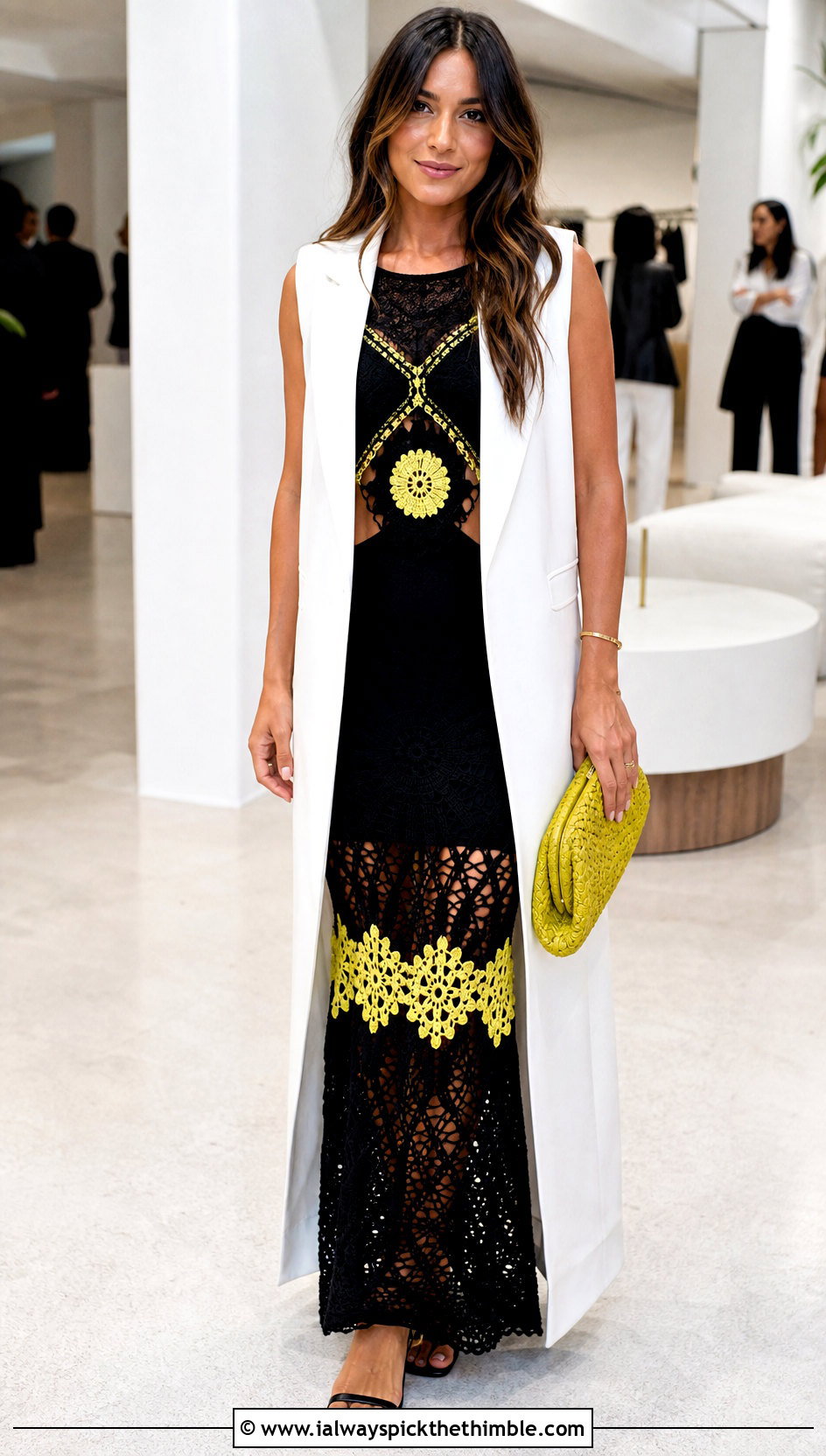 Black Cutout Crochet Maxi Dress With Tailored Vest - 25 black crochet dress outfit ideas