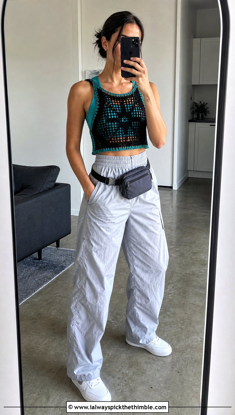 Black Filet Crochet Crop Tank Top With Parachute Pants - 20 Black Crochet Tank Top outfit ideas