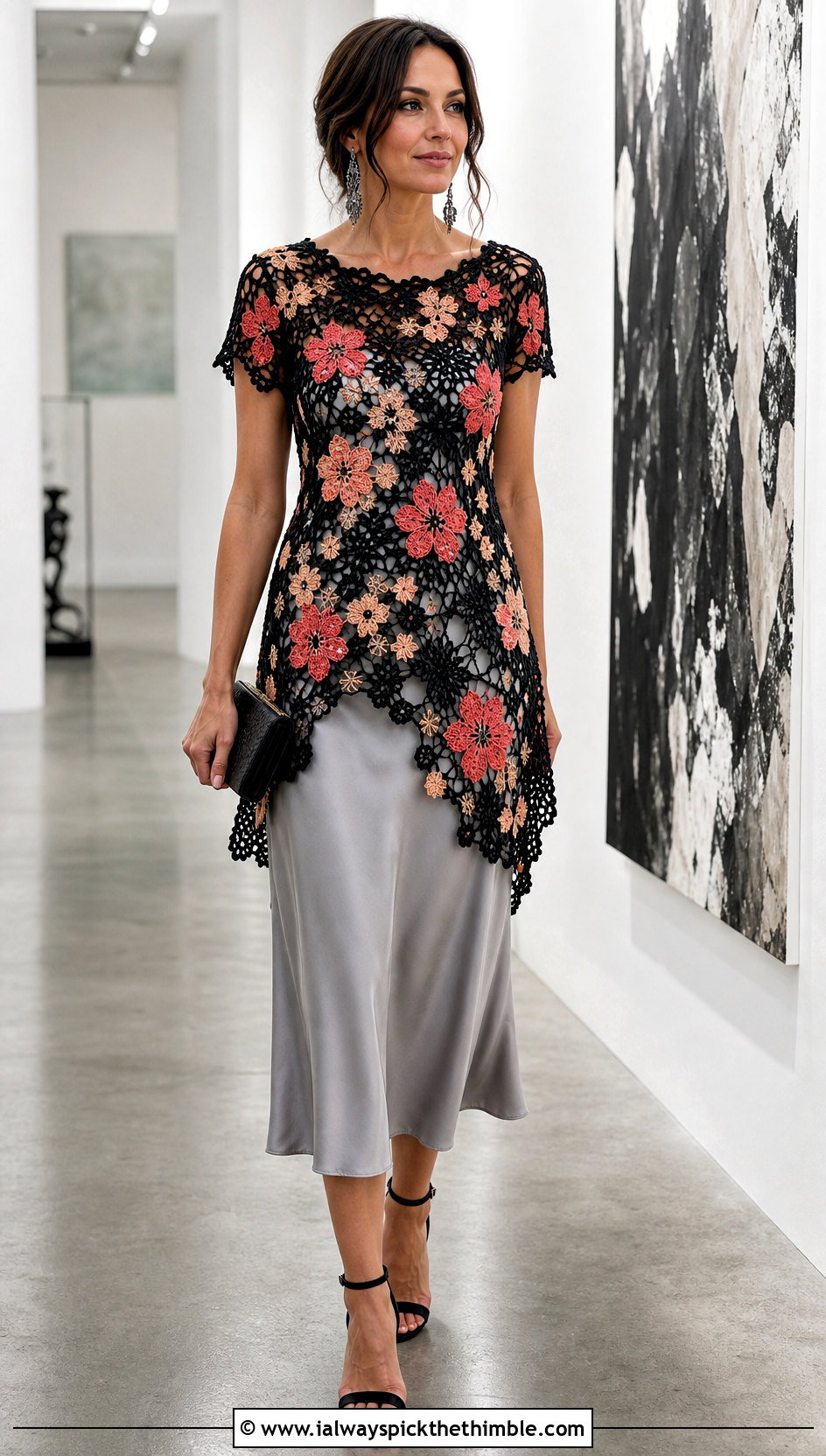 Black Floral Crochet Tunic Top Over Slip Dress - 15 black crochet top with flowers outfit ideas