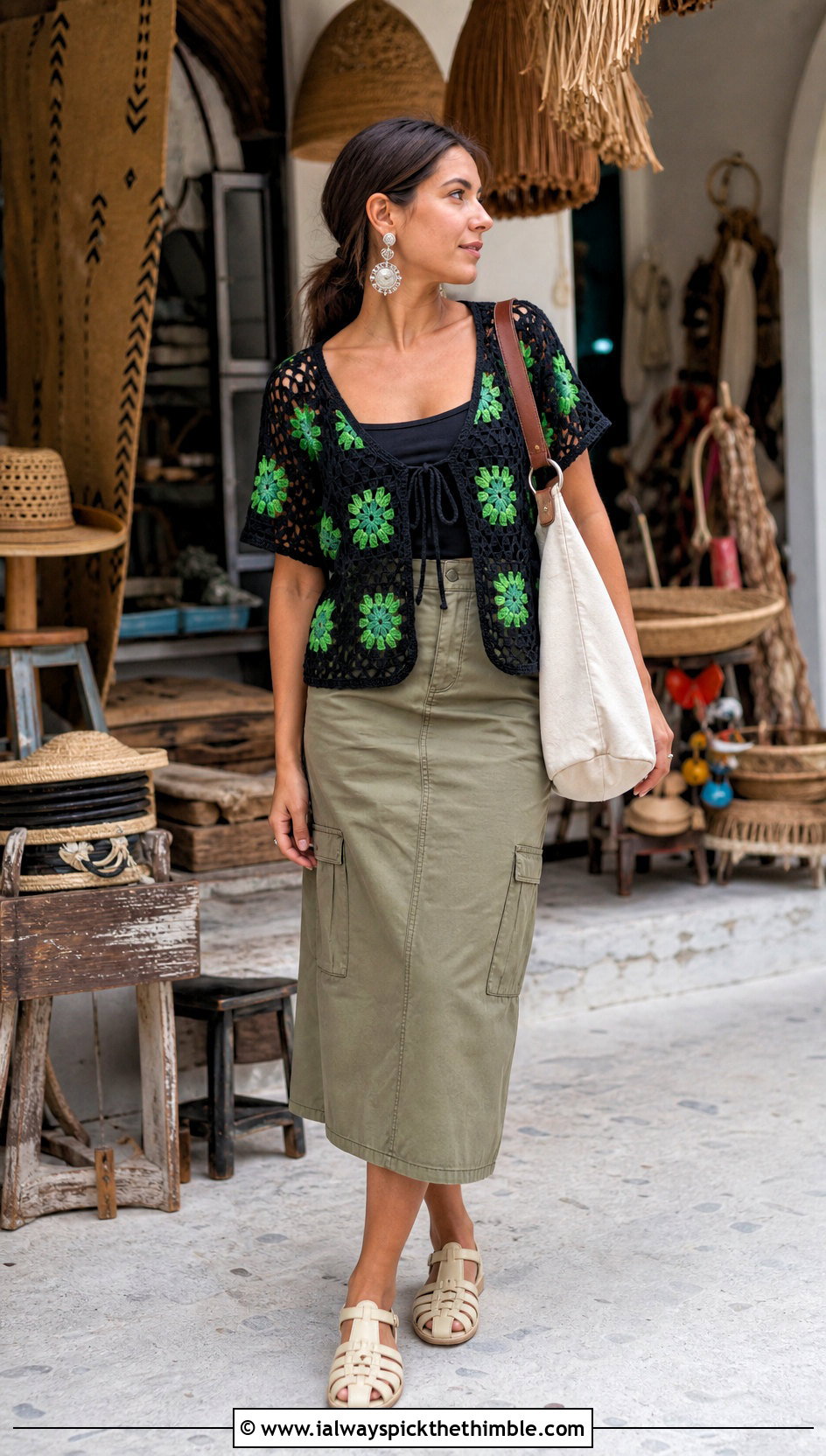 Black Flower Crochet Tie Front Top With Utility Skirt - 15 black crochet top with flowers outfit ideas