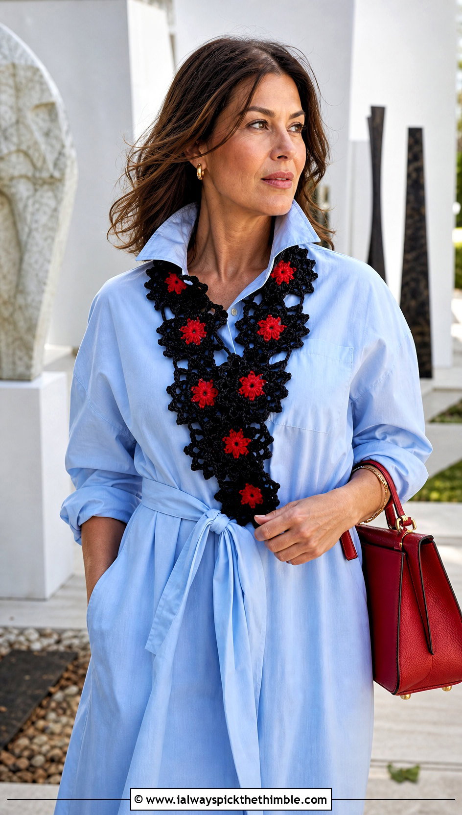 Black Flower Motif Crochet Scarf With Shirt Dress And Loafers - 15 Handmade Black Crochet Scarf outfit ideas