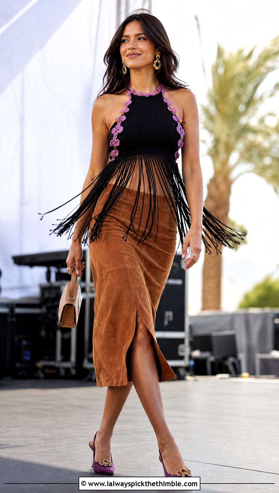 Black Fringe Crochet Top With Suede Skirt - 25 black crochet top outfit ideas