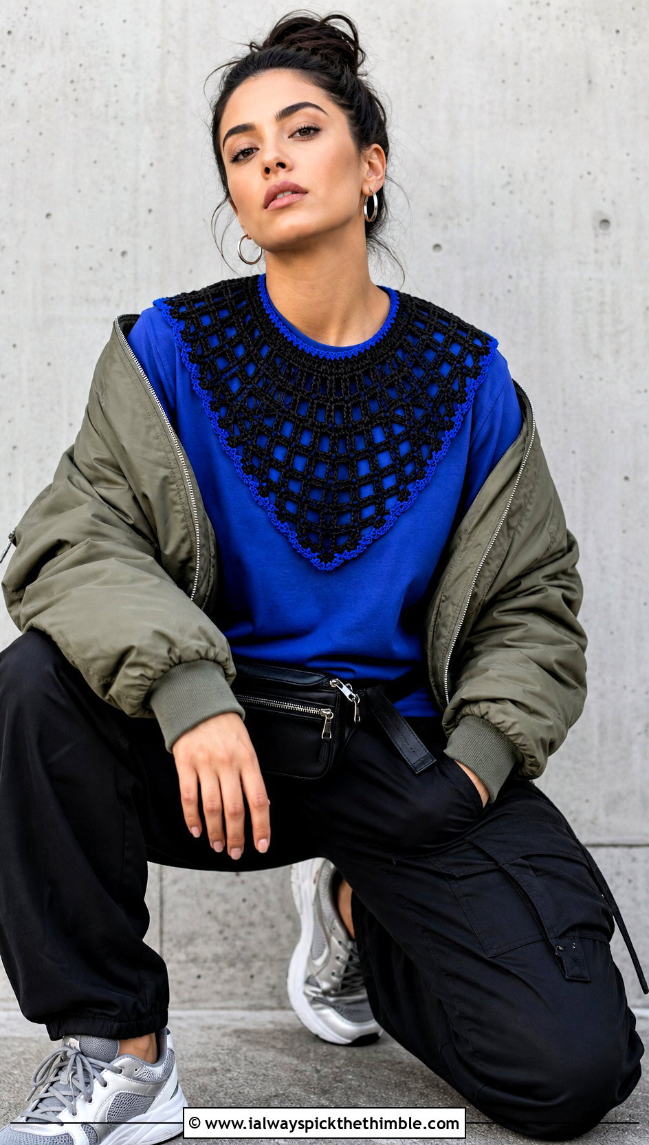 Black Geometric Filet Crochet Lace Collar With Bomber Jacket And Cargo Pants - 15 Black Crocheted Lace Collar outfit ideas