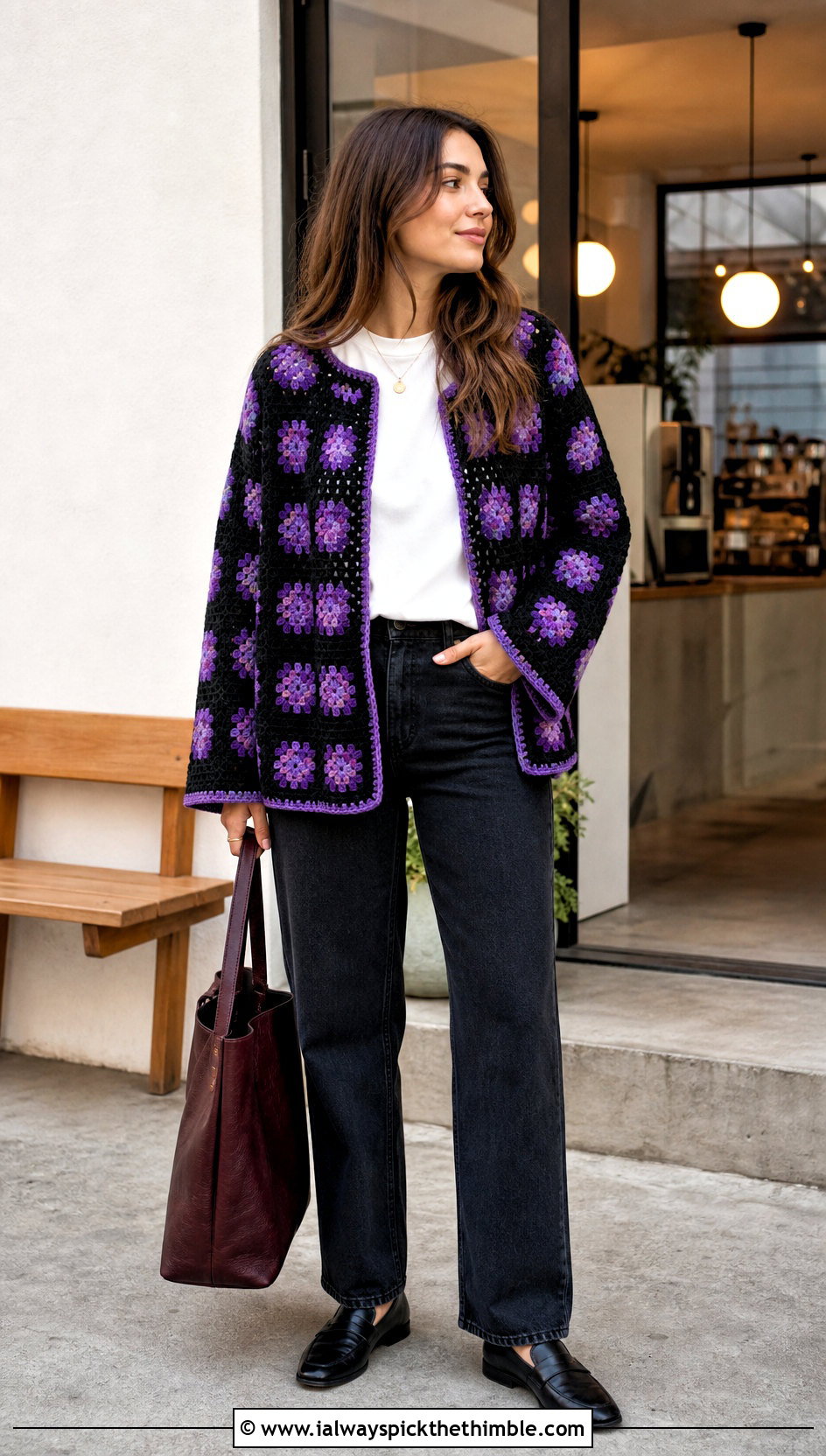 Black Granny Square Crochet Cardigan With Straight Jeans - 25 black crochet cardigan outfit ideas